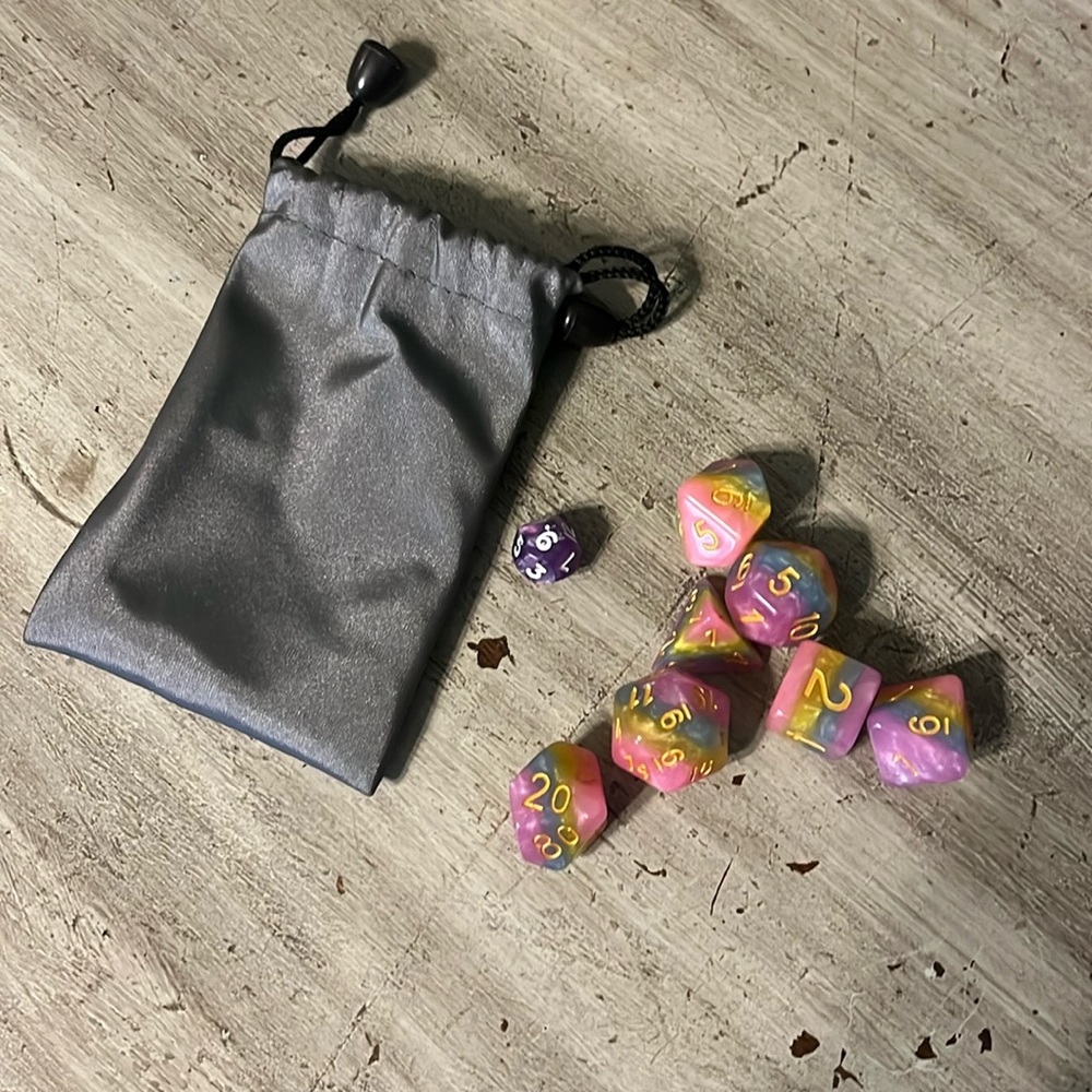D&D dice with bag